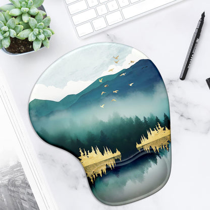 Ergonomic Mouse Pad with Gel Wrist Support Wrist Rest Smooth Surface Non-Slip PU Base Comfortable Office Supplies Pain Relief, 9.5 X 8 Inches, Landscape Forest