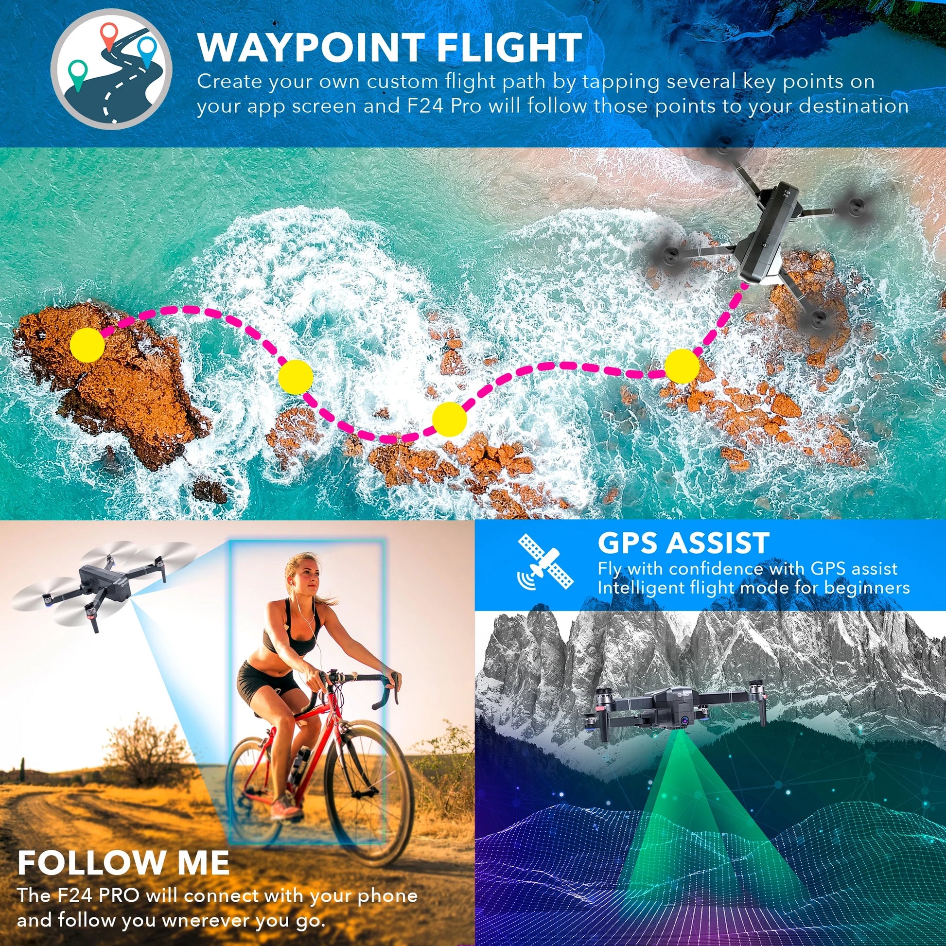 F24 PRO 4K UHD Drone, GPS, 30-Min Flight, Foldable Mini Drone, Brushless Motors, FPV, Wi-Fi, RC Quadcopter for Kids & Adults, Beginners & Enthusiasts, Carrying Case, Black