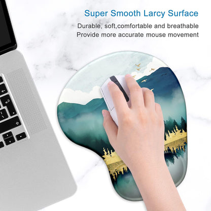 Ergonomic Mouse Pad with Gel Wrist Support Wrist Rest Smooth Surface Non-Slip PU Base Comfortable Office Supplies Pain Relief, 9.5 X 8 Inches, Landscape Forest